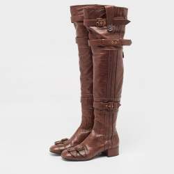 Prada Brown Leather Buckle Over The Knee Boots Size 39