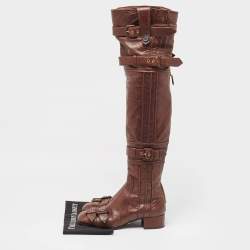 Prada Brown Leather Buckle Over The Knee Boots Size 39