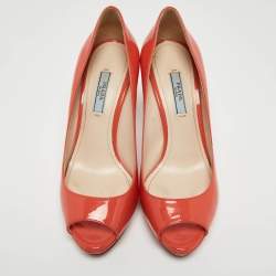 Prada Coral Pink Patent Leather Peep Toe Platform Pumps Size 36.5