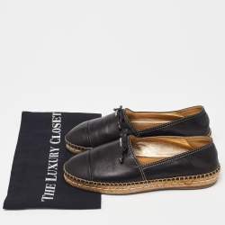 Pre Owned Prada Black Leather Bow Espadrille Flats Size 37.5 