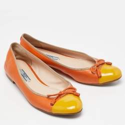 Prada Orange/Yellow Leather Bow Cap Toe Ballet Flats Size 38.5