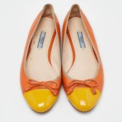 Prada Orange/Yellow Leather Bow Cap Toe Ballet Flats Size 38.5