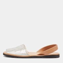 Pre Owned Prada Silver/Brown Leather Slingback Flats Size 40