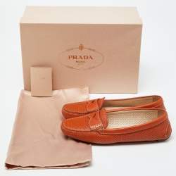 Pre Owned Prada Orange Perforated Leather Penny Loafers Size 36