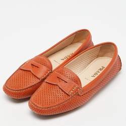 Pre Owned Prada Orange Perforated Leather Penny Loafers Size 36