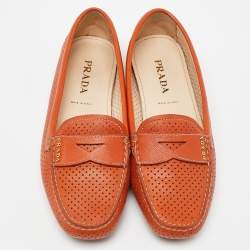 Pre Owned Prada Orange Perforated Leather Penny Loafers Size 36