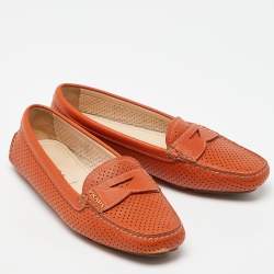 Pre Owned Prada Orange Perforated Leather Penny Loafers Size 36
