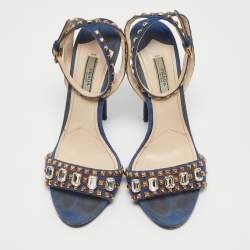 Prada Blue Suede Crystal Embellished Ankle Strap Sandals Size 38