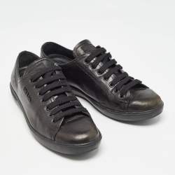 Pre Owned Prada Black Leather Lace Up Sneakers Size 38.5