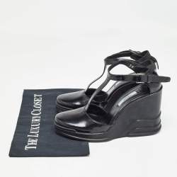 Pre Owned Prada Black Patent Leather T-Strap Wedge Sandals Size 36