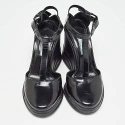 Pre Owned Prada Black Patent Leather T-Strap Wedge Sandals Size 36