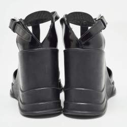 Pre Owned Prada Black Patent Leather T-Strap Wedge Sandals Size 36