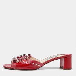Pre Owned Prada Red Patent Leather Crystal Embellished Block Heel Slide Sandals Size 37