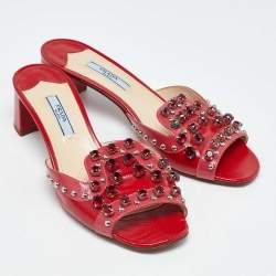 Pre Owned Prada Red Patent Leather Crystal Embellished Block Heel Slide Sandals Size 37