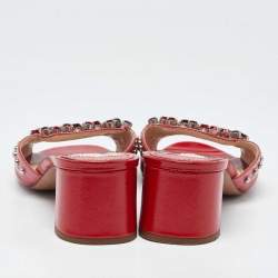 Pre Owned Prada Red Patent Leather Crystal Embellished Block Heel Slide Sandals Size 37