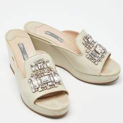 Pre Owned Prada Cream Saffiano Patent Leather Crystal Embellished Platform Wedge Sandals Size 38