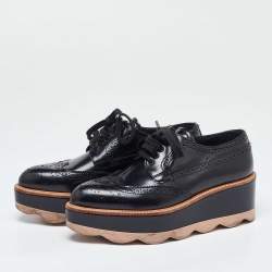 Prada Black Brogue Patent Leather Wave Wingtip Platform Derby Sneakers Size 36