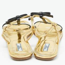 Prada Gold/Black Patent Leather Bow T Strap Flats Size 38.5  
