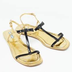 Prada Gold/Black Patent Leather Bow T Strap Flats Size 38.5  