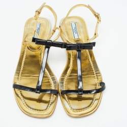 Prada Gold/Black Patent Leather Bow T Strap Flats Size 38.5  