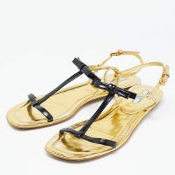 Prada Gold/Black Patent Leather Bow T Strap Flats Size 38.5  