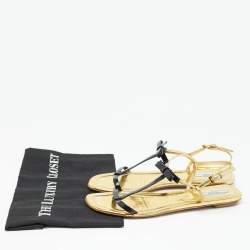 Prada Gold/Black Patent Leather Bow T Strap Flats Size 38.5  