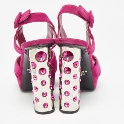 Prada Fuchsia Suede Crystal Embellished Platform Sandals Size 36.5