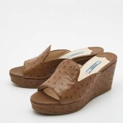 Prada Brown Ostrich Leather Wedge Platform Open Toe Slide Sandals Size 37.5