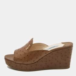 Prada Brown Ostrich Leather Wedge Platform Open Toe Slide Sandals Size 37.5