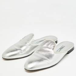 Prada Silver Leather Flat Mules Size 37
