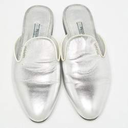 Prada Silver Leather Flat Mules Size 37