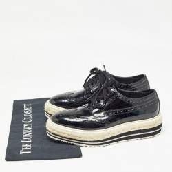 Prada Black Brogue Wingtip Leather Espadrille Derby Size 34