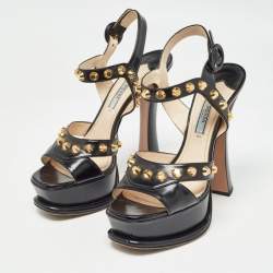 Prada Black Leather Studded Ankle Strap Sandals Size 37
