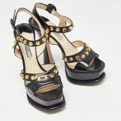 Prada Black Leather Studded Ankle Strap Sandals Size 37