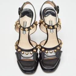 Prada Black Leather Studded Ankle Strap Sandals Size 37