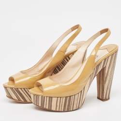 Prada Beige Patent Leather Open Toe Platform Slingback Sandals Size 37