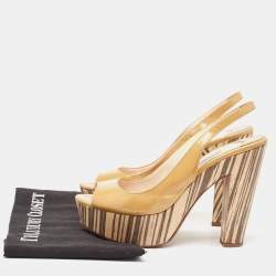Prada Beige Patent Leather Open Toe Platform Slingback Sandals Size 37