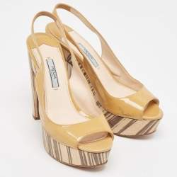 Prada Beige Patent Leather Open Toe Platform Slingback Sandals Size 37