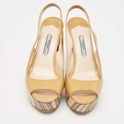 Prada Beige Patent Leather Open Toe Platform Slingback Sandals Size 37