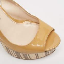 Prada Beige Patent Leather Open Toe Platform Slingback Sandals Size 37