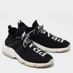 Pre Owned Prada Black Logo Knit Fabric Low Top Sneakers Size 38.5