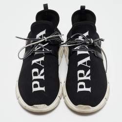 Pre Owned Prada Black Logo Knit Fabric Low Top Sneakers Size 38.5