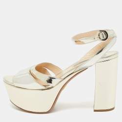 Pre Owned Prada Gold Patent Leather Platform Ankle Strap Sandals Size 39.5