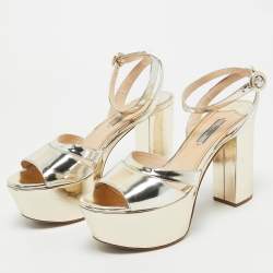Pre Owned Prada Gold Patent Leather Platform Ankle Strap Sandals Size 39.5