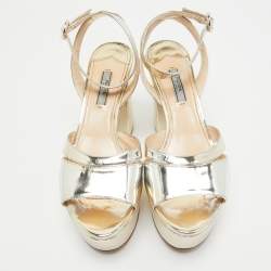 Pre Owned Prada Gold Patent Leather Platform Ankle Strap Sandals Size 39.5