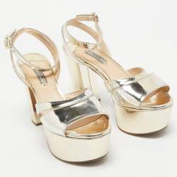 Pre Owned Prada Gold Patent Leather Platform Ankle Strap Sandals Size 39.5