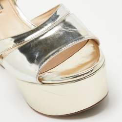 Pre Owned Prada Gold Patent Leather Platform Ankle Strap Sandals Size 39.5