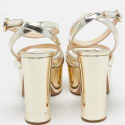 Pre Owned Prada Gold Patent Leather Platform Ankle Strap Sandals Size 39.5