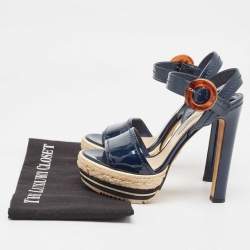 Prada Navy Blue Patent Leather Espadrille Platform Ankle Strap Sandals Size 37