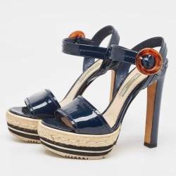 Prada Navy Blue Patent Leather Espadrille Platform Ankle Strap Sandals Size 37